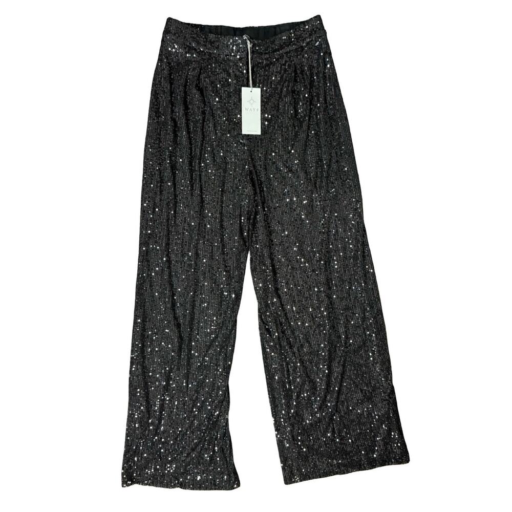 WAYF Black Encore Wide Leg First Crush Sequin High Rise Pants size M NEW Tags